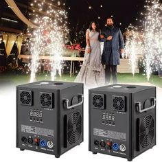 two black boxes with fireworks in the background and an image of a man and woman standing next to each other