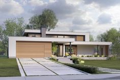 a rendering of a modern house in the middle of a grassy area with trees and bushes