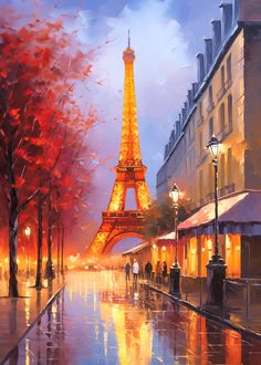 a painting of the eiffel tower lit up at night with people walking by