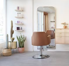 a salon chair in front of a mirror and some cacti on the floor