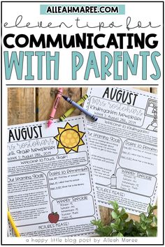 an image of a poster with the words communicating with parents on it and a plant in front