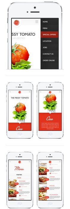 the menu is displayed on three different phones, one with an image of tomatoes and other vegetables