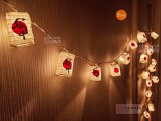 some paper lanterns are hanging on the wall with string lights attached to them and red ladybugs painted on them