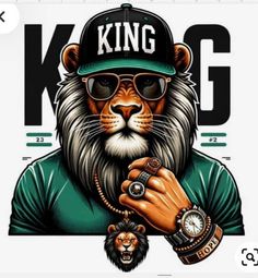 an image of a lion wearing sunglasses and a baseball cap with the word king on it