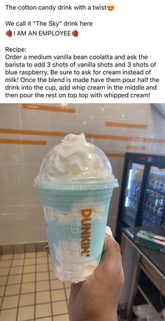 someone holding up a cup of ice cream in their hand with the caption, we call it the sky drink with a twist i am employee