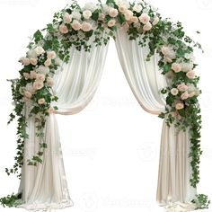 an arch with flowers and greenery on the top is decorated in white silks