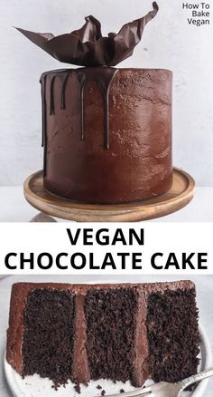 vegan chocolate cake on a plate with the words vegan chocolate cake above it