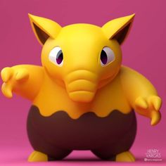 a yellow and brown toy with big eyes on it's head, standing in front of a pink background