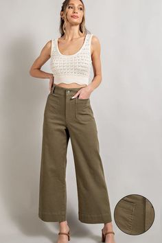 Soft washed wide leg pants with button closure and two front pockets. Can also be worn with a belt. Pair with your favorite top and booties! Available in sizes small through 2X. Size guide in photos. Olive Jeans, Olive Pants, Body Proportions, Pretty Clothes, Colored Pants, Cropped Style, Dress Code, Small Waist, Sheer Fabrics