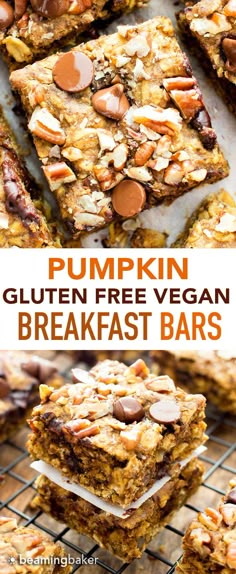 pumpkin gluten free vegan breakfast bars are stacked on top of each other