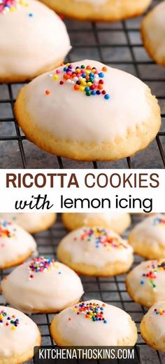 iced sugar cookies with lemon icing and sprinkles on a cooling rack