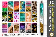 an assortment of different patterns and colors on paper with a pen in front of it