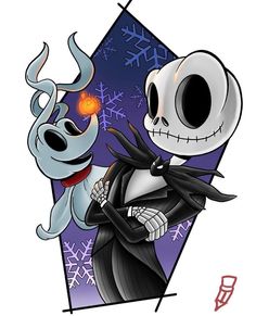 the skeleton and jack skellingy are in front of a purple background with snowflakes