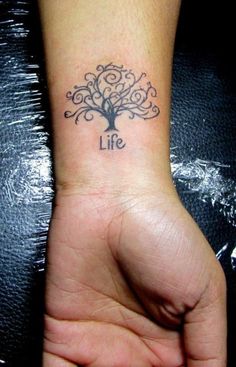 a small wrist tattoo with the word life written on it and a tree in the middle