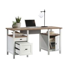 an office desk with two drawers and a laptop