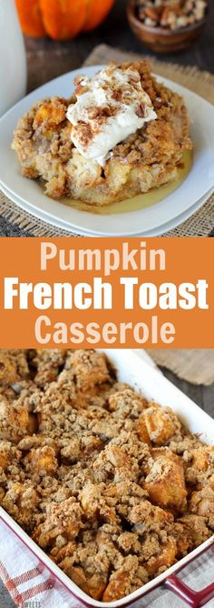 pumpkin french toast casserole with cream cheese on top in a white baking dish