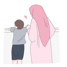 a little boy standing next to a woman who is wearing a pink shawl with hearts on it