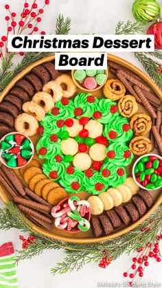 christmas dessert board with buttercream icing and pretzels in the middle