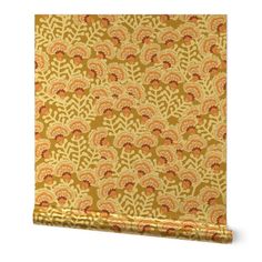 an orange and yellow wallpaper with floral designs on the front, in various colors