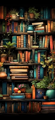 an image of a bookshelf filled with lots of books and potted plants