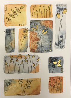 watercolor and ink drawings of flowers on paper