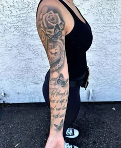 Ideas To Add To A Sleeve Tattoo, All Over Tattoos For Women, Woman’s Sleeve Idea, Sleeve Inspiration Tattoo Women, Mom Arm Sleeve Tattoo, Bead Tattoos For Women, Cute Mom Tattoos Ideas, Full Sleeve Tattoo Black Woman, Baddie Arm Sleeve Tattoo