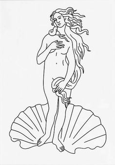 a black and white drawing of a woman standing on a seashell with long hair