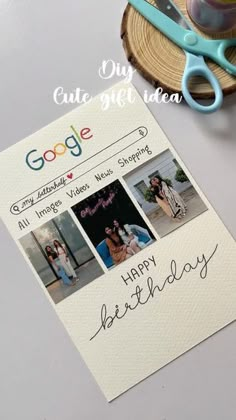 a greeting card for someone's birthday with pictures on it and the words google happy birthday written in cursive writing