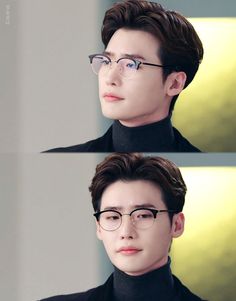 two pictures of a man with glasses and a black turtle neck sweater, one is looking at the camera