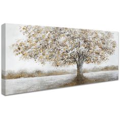 an abstract painting of a tree with white and gold leaves on it, against a gray background