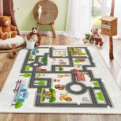 a child's play mat with cars and trucks on it in the middle of a room