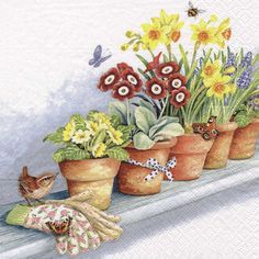 a painting of potted flowers and gardening gloves on a shelf next to a bird