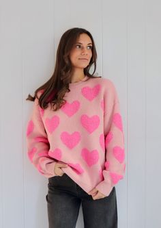 sweater top Longsleeves Baby pink with hot pink hearts Non-sheer Semi-stretching Fit: True to size SIZE CHART (Measured in inches) Size Fits Like Length Bust Small 2/4 24 44 Medium 6 24.5 46 Large 8/10 25 48 Baggy Sweaters, Jacquard Sweater, Heart Sweater, Drop Shoulder Sweaters, Pattern Sweater, Heart Pattern, Fashion Seasons, Printed Sweater, Jumper Sweater