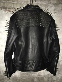 Men's Handmade Black Silver Long Spiked Studded Cowhide Leather Jacket on Storenvy Fall Biker Jacket With Spikes And Long Sleeves, Fall Long Sleeve Biker Jacket With Spikes, Spiked Leather Jacket For Biker Events, Spiked Long Sleeve Leather Jacket For Biker Events, Winter Biker Jacket With Spikes And Long Sleeves, Fall Leather Jacket With Spikes And Long Sleeves, Fitted Leather Jacket With Spikes For Fall, Fitted Fall Outerwear With Spikes, Fitted Long Sleeve Outerwear With Spikes