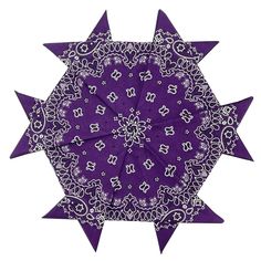 a purple bandanna with white designs on the top and bottom, in an octagonal shape