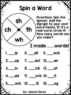 spin a word worksheet with answers and examples for students to practice their spelling skills