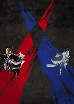 two anime characters are facing each other in opposite directions on a black and red background