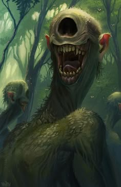 an illustration of a creature with its mouth open and teeth wide open in the woods