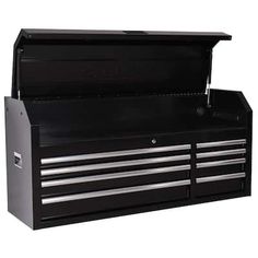 a black tool box with six drawers on the top and one drawer open to show it's contents