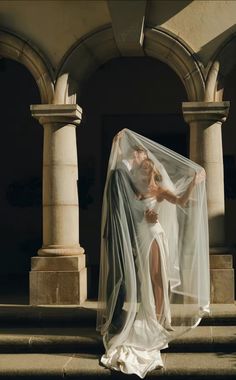 a woman in a wedding dress with a veil on her head