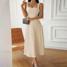 Lasaky - Zeyun Kardashian Sexy Solid Color Halter Dress Strappy Midi Dress, Suspender Dress, Everyday Dresses, Tea Dress, Basic Style, Square Neckline, Casual Outfit, Cocktail Party, A Line Skirts