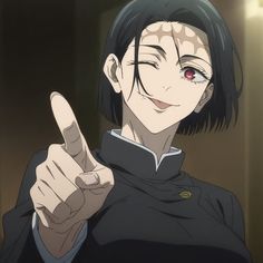 an anime character pointing at the camera with one hand and wearing a black jacket,