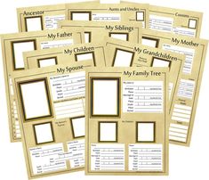 a set of five family tree pictures with the names and numbers on them in gold foil