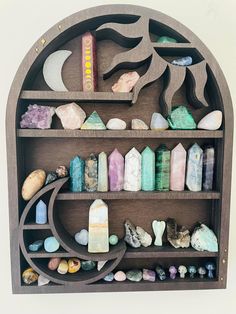 Wall Crystal Display, Crystals Shelf Display, Storage For Crystals, Crystal Shelves Display, Displaying Crystals And Stones, Crystal Shelves Diy, Rock And Gem Display, Crystal Themed Room, Crystal Alter Ideas