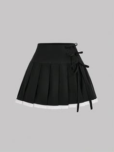 Women's Ruffled Patchwork Bow Pleated Gray Mini Skirt, Black Skirt, Going Out Skirt, Back To School, Fall Clothing Black Casual   Polyester Plain Pleated Non-Stretch  Women Clothing, size features are:Bust: ,Length: ,Sleeve Length: School Skirt Black, Black And White Plaid Skirt Outfit, Black School Skirt, Acubi Skirt, Umbrella Costume, Oc Outfit Inspiration, Nina The Killer, Long White Shirt, Going Out Skirts