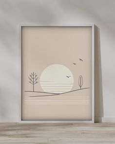 an art print with trees and birds flying in the sky on a light colored background