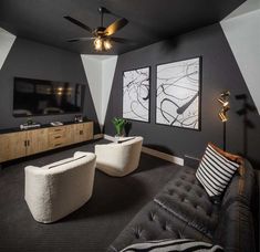 a living room filled with furniture and a flat screen tv on top of a wall