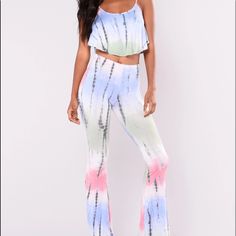 Never Worn ; Tag Attached Tie Dye Matching Set Cropped Ruffle Top Bell Bottoms 96% Polyester 4% Spandex Tie Dye Matching Set, Striped Palazzo Pants, Snake Print Pants, Sheer Pants, Plaid Dress Pants, Blue Dress Pants, Lace Jumpsuit, Fashion Nova Pants, Red Jumpsuit