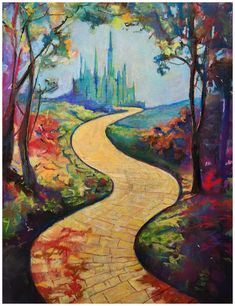 a painting of a path leading to a castle