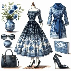 a blue and white dress is shown with accessories for the woman's day out